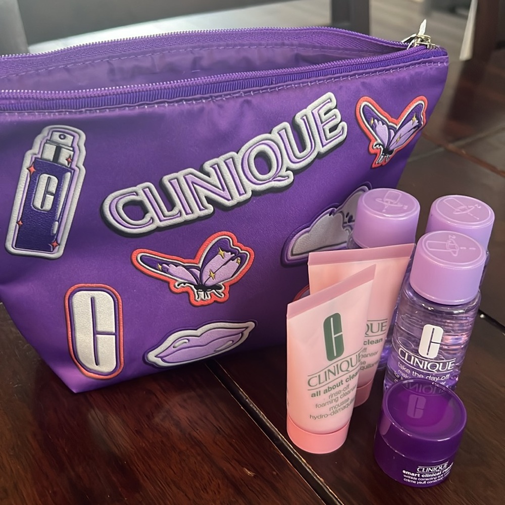 Clinique Purple Travel Skincare Set with Cosmetic Pouch NWOT